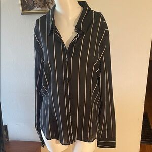 New York & Company Sheer Black and White Striped Button-Up Shirt